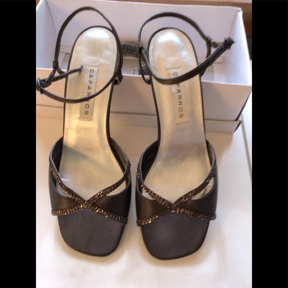 Dressy satin and bugle bead, ankle strap heels.